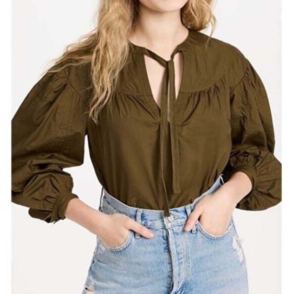 ULLA JOHNSON Delaney Balloon Sleeve Poplin Cotton Blouse in Olive Green Size 0 - Picture 2 of 14
